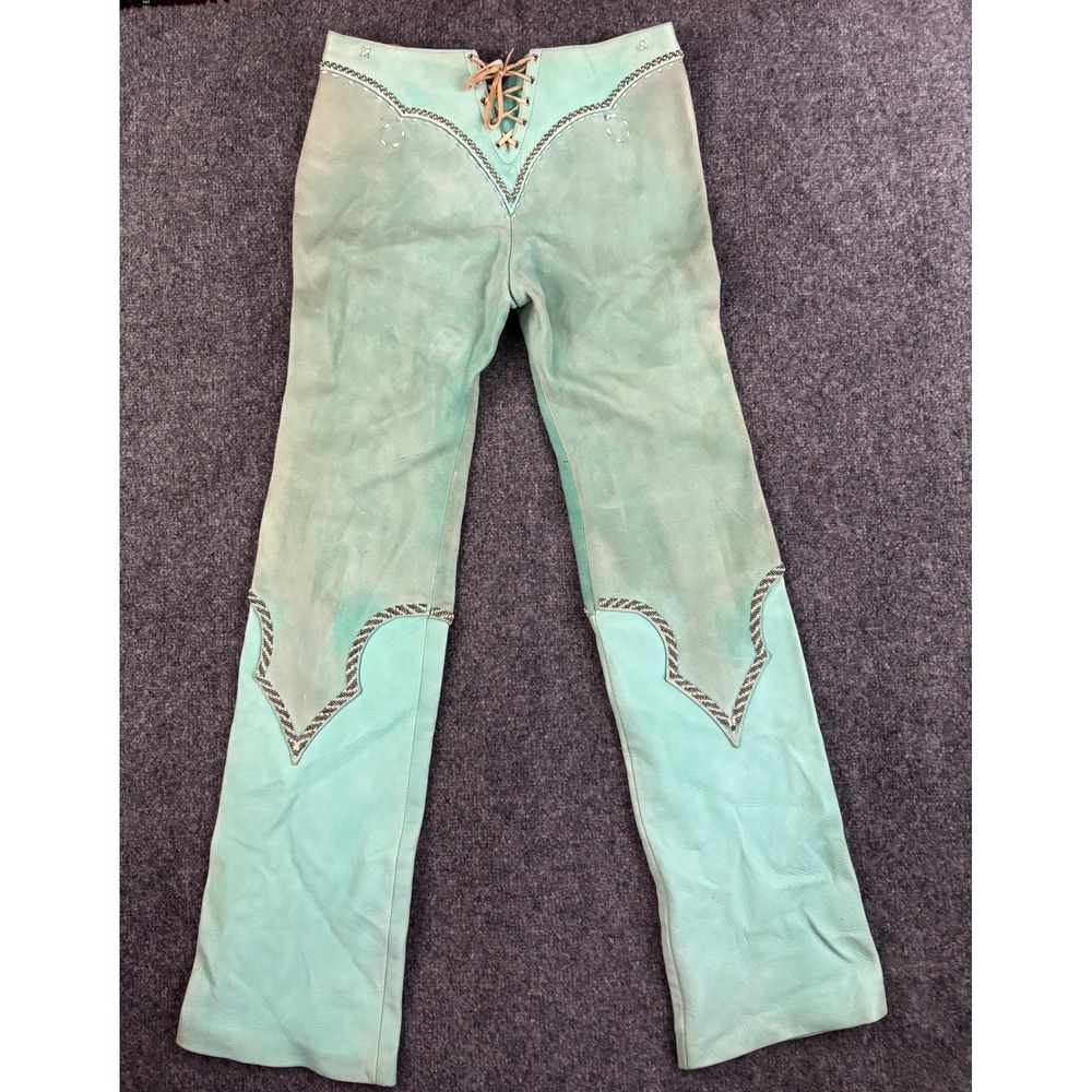 Vintage Western Suede Leather Pants Beaded Lace Up Turquoise OOAK Couture Rare - Picture 2 of 16